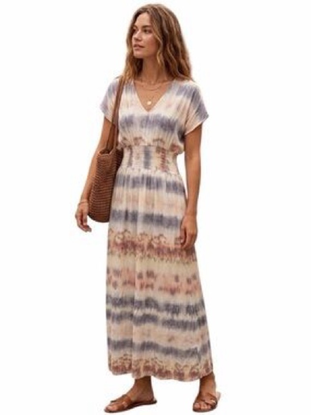 Gypsies & Moondust V-Neck Tie-Dye Maxi Dress in Blue, Beige & Rust